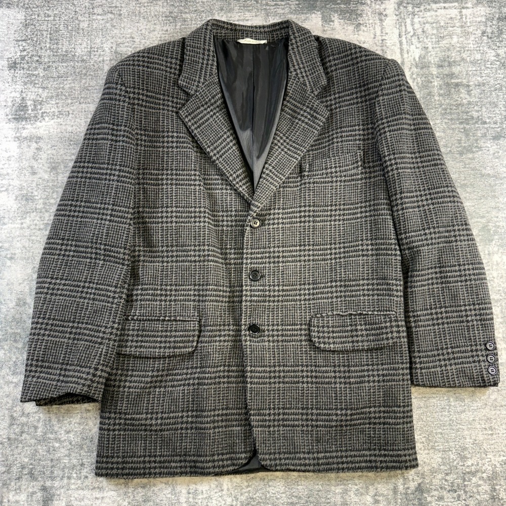 VTG Perry Ellis Blazer Jacket Mens Medium Gray Glen Check Wool Cashmere Ivy TRAD